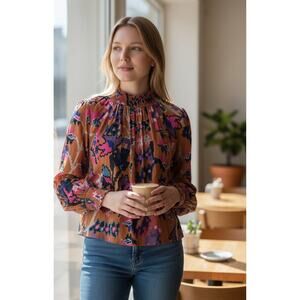 Oliphant Smocked‎ Balloon Sleeve Blouse Bukhara Toffee Pattern Size Small